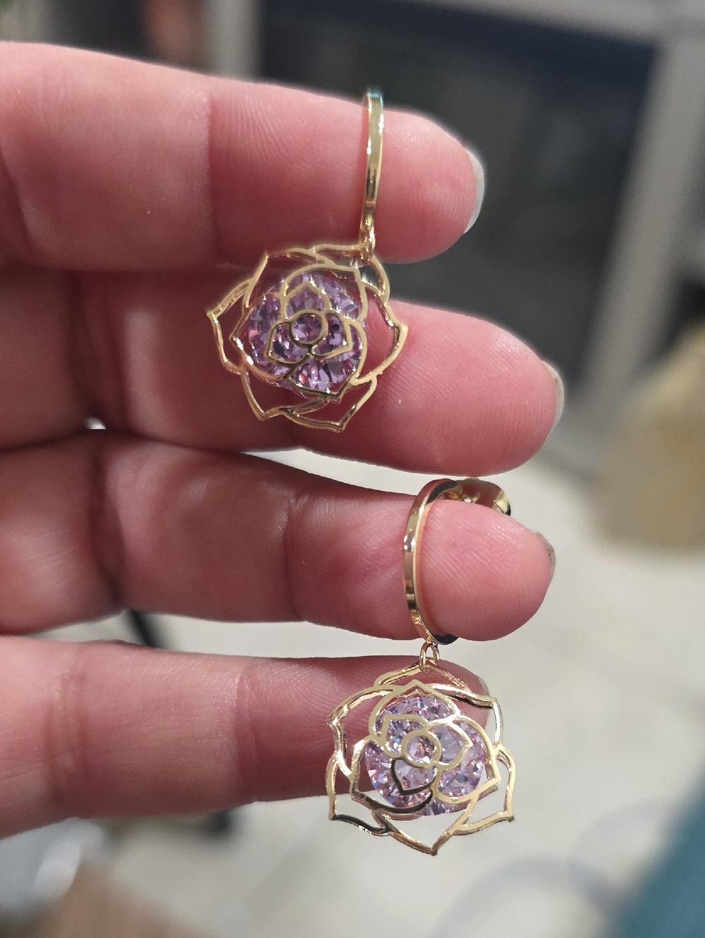 14k Gold Plated Floral Drop Earrings with Pink Crystals